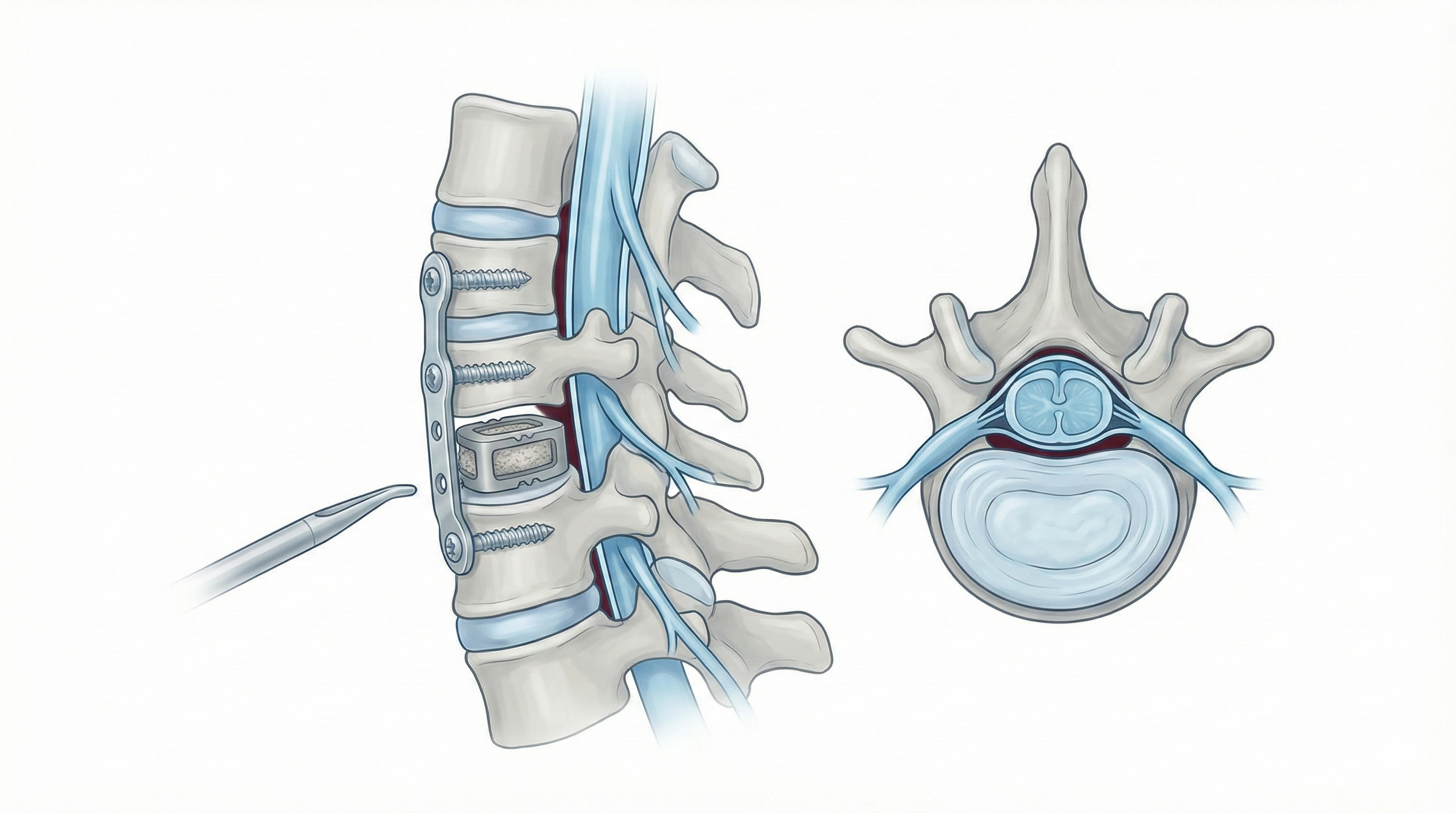 Ilustración médica de discectomía cervical anterior con fusión, con caja intersomática y placa con tornillos descomprimiendo la médula y las raíces nerviosas.